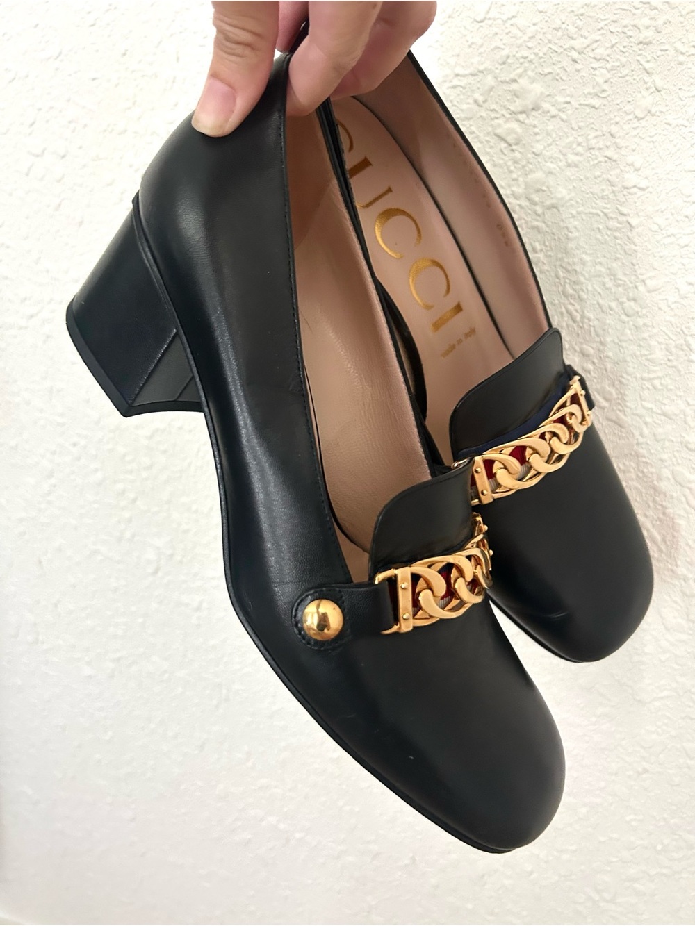 Gucci Sylvie Black Leather Mid Heel Pump Loafers 39